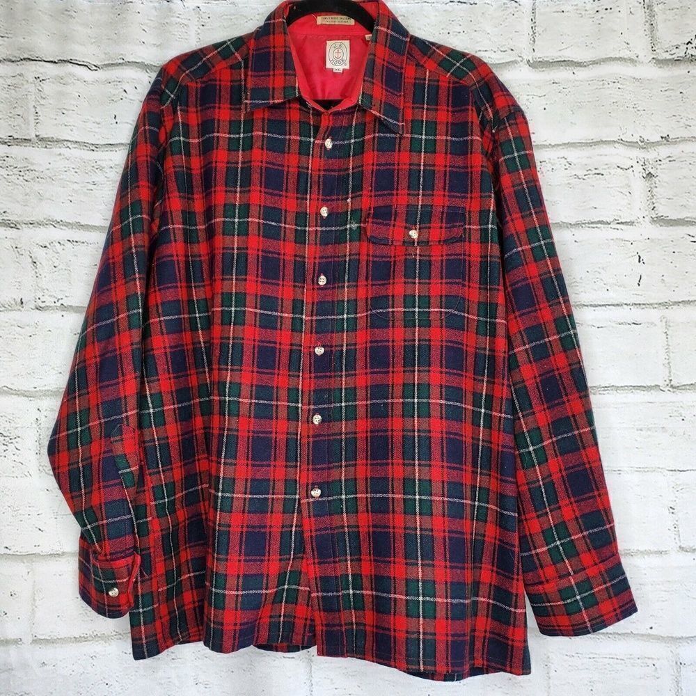 Vintage J.G. Hook Plaid Wool Blend Red Green Button Up Shirt XL